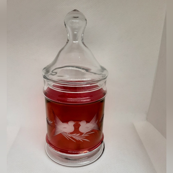 Vintage Etched Cranberry Flash Glass Jar Doves Birds - Picture 1 of 12